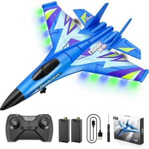 imageFoam RC Plane with 3 Batteries Remote Control Airplane RC Jet Helicopter Plane for Kids Adults Beginner Easy to Fly RC Fighter Remote Control Aircraft with Automatic Balance Gyro for Adult KidsBlue2 Batteries