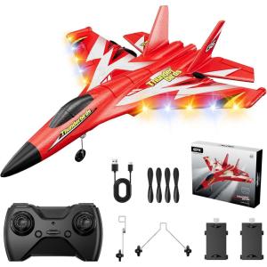 imageFoam RC Plane with 3 Batteries Remote Control Airplane RC Jet Helicopter Plane for Kids Adults Beginner Easy to Fly RC Fighter Remote Control Aircraft with Automatic Balance Gyro for Adult KidsRed2 Batteries