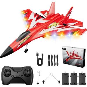 imageFoam RC Plane with 3 Batteries Remote Control Airplane RC Jet Helicopter Plane for Kids Adults Beginner Easy to Fly RC Fighter Remote Control Aircraft with Automatic Balance Gyro for Adult KidsRed3 Batteries